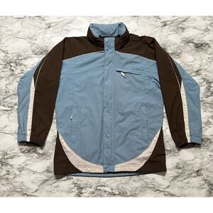 REI Girls Jacket L 12-14 Blue Brown Long Sleeve Full Zip Hood Raincoat Lined